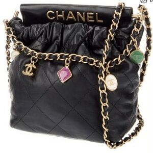 Chanel  Vip Black Leather Bag with Gold Chain and Charms